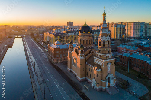 View of St. Petersburg with a drone. Dawn in St. Petersburg. Russia. Rivers Of St. Petersburg. Bypass channel. Church Of The Resurrection. Orthodox church. Religious buildings. Orthodoxy.