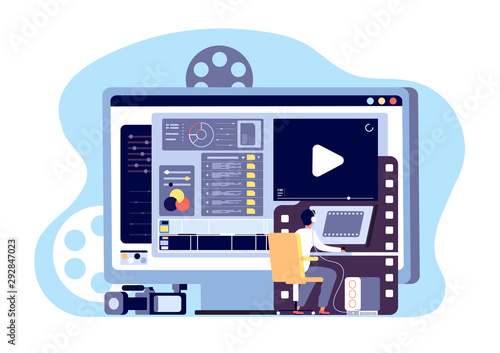 Video editor concept. Multimedia content production and footage editing. Making web page shoot, studio filmmaking vector design. Illustration production film, video content, making and shooting