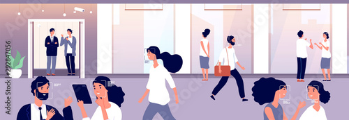 Face recognition concept. People in crowd are recognized with modern identification software and surveillance cameras. Vector image. Face identification technology, protection security illustration