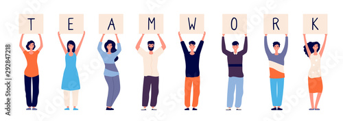 Teamwork concept. Happy employees group standing with teamwork message. Colleagues relationship and friendship vector illustration. Teamwork business people, employee hold banner with letters