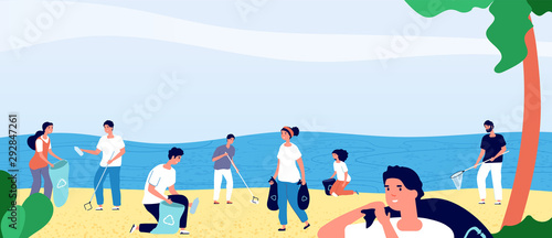 People collecting garbage on ocean beach. Volunteers cleaning environment nature. Ecology and clean planet vector cartoon concept. Volunteer collecting garbage and trash illustration
