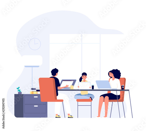 Family with gadgets. Mom, dad and kid with laptops and tablets at table together. Internet addiction, online lifestyle vector concept. Man and woman, mother and father with kid online illustration
