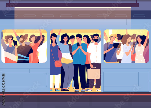 Crowd in subway train. People pushing each other in metro car at station at rush hour. City traveling transport problem vector concept. Crowd public train, transport van with people illustration