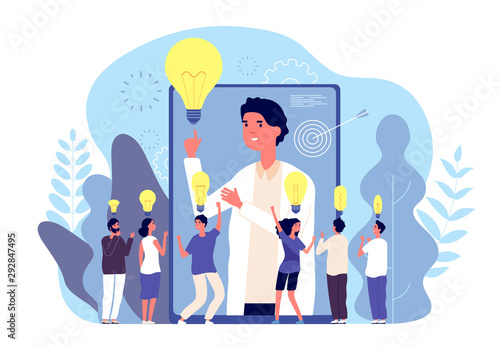 Light bulb idea. Brainstorming with business team, people searching solution. Creative ideas, leadership and teamwork vector concept. Illustration inspiration idea, business strategy solution