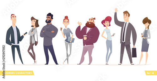 Collection of charming young entrepreneurs or businessmen and managers. Business people standing togever. Modern cartoon style