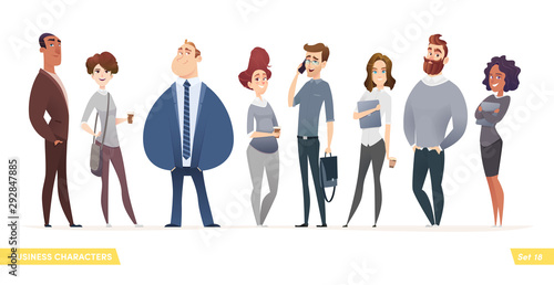 Collection of charming young entrepreneurs or businessmen and managers. Business people standing togever. Modern cartoon style