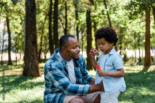 handsome african american father looking at cute son blowing soap bubble © LIGHTFIELD STUDIOS