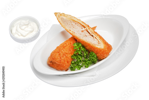 Breaded pancakes with pate on a white isolated background
