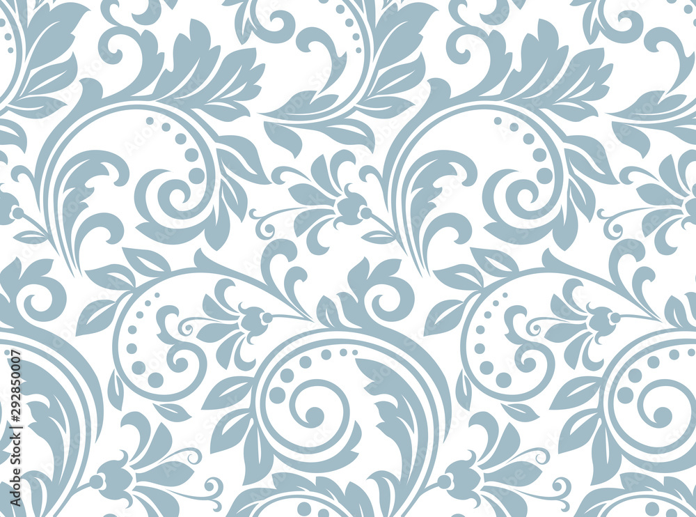 Flower pattern. Seamless white and blue ornament. Graphic vector background. Ornament for fabric, wallpaper, packaging - obrazy, fototapety, plakaty 