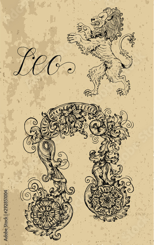 Leo Zodiac Sign and fantasy mascot on texture. Collection of characters and astrological symbols in victorian style. Vector line art illustration for Horoscope, Esoteric and Mystic design photo