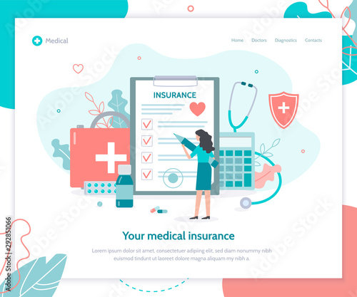 A document, tiny woman with a pen, calculator, shield and stethoscope. Landing design template. Health insurance concept. Flat vector illustration.