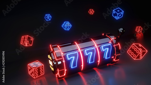 Gambling Slot Machine and Dices Concept With Glowing Neon Isolated On The Black Background - 3D Illustration