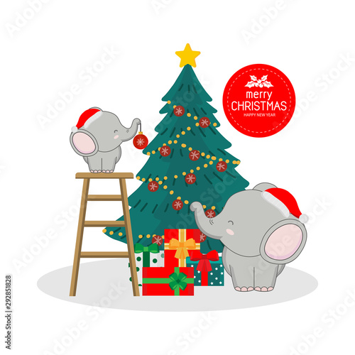 Merry Christmas and Happy New Year card. Cute elephant cartoon.