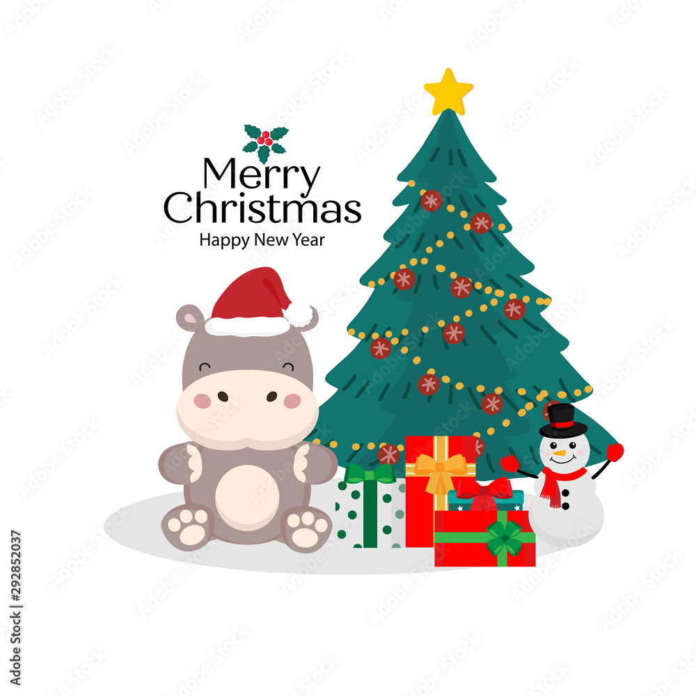 Merry Christmas and Happy New Year card. Cute Hippo in santa hat cartoon.