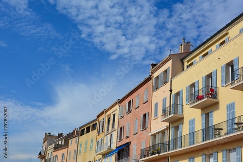 Colored house facade in the historic center of Saint Tropez  France  with balconies