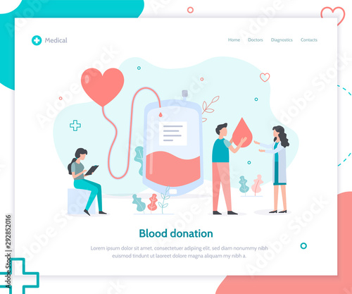 Blood donation concept. Landing page template for blood Bank or hospital. Flat vector illustration.
