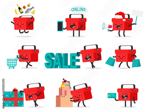 Cute shopping basket characters vector cartoon set isolated on a white background.