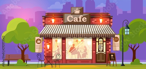 Coffee house. Facade of a coffee shop store or cafe. City street background. Vector illustration