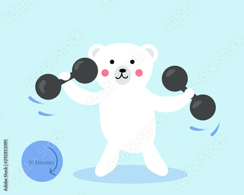 Cute and kawaii cartoon character: white bear is weight trainning for exercise. Good healthy.