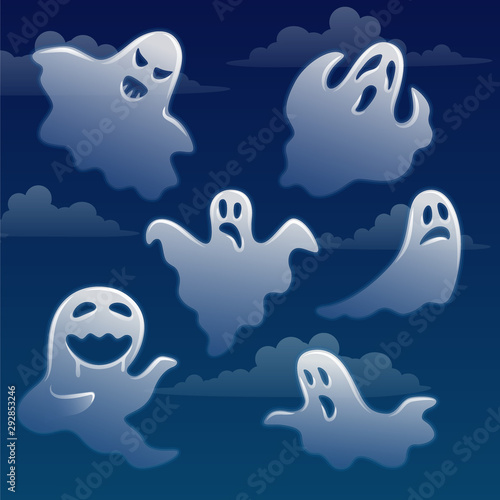 Set of ghosts with different emotions on sky with clouds