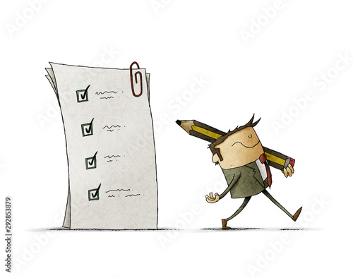 businessman has finished filling out a questionnaire and leaves with a large pencil on his shoulder. isolated photo