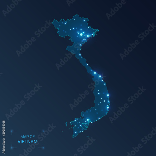 Vietnam map with cities. Luminous dots - neon lights on dark background. Vector illustration.