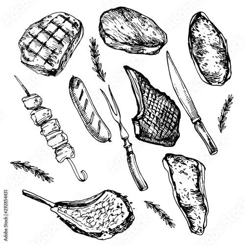 Grill meat, barbecue, steak, ribs, sausage collection set simple illustration. Hand drawn line art, black and white doodle vector.