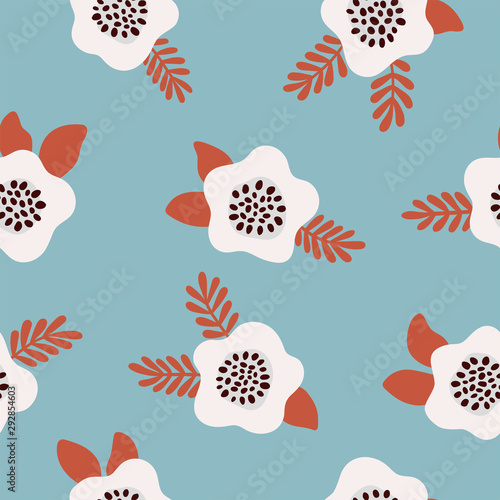 Floral seamless pattern White and orange flowers on blue. Hand-drawn pattern design wrap paper  fabric  wallpaper  card