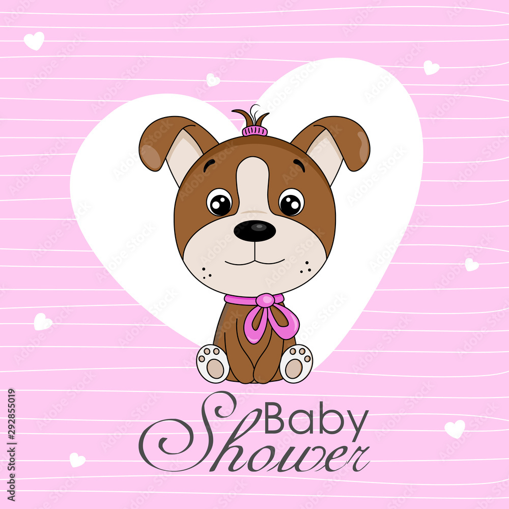 Baby shower invitation. Cute dog with pink hearts background