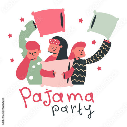 Pajama party vector cartoon concept illustration with cute girls and pillow isolated on a white background.