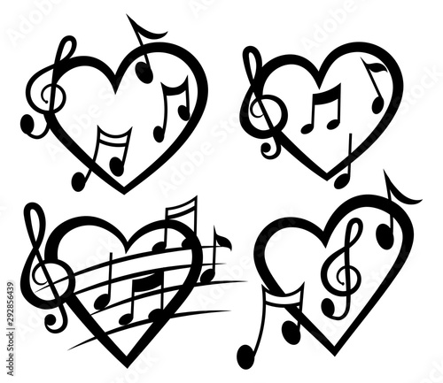 Heart with notes. Vector illustration of heart music. Black and white drawing for music lover. Tattoo.