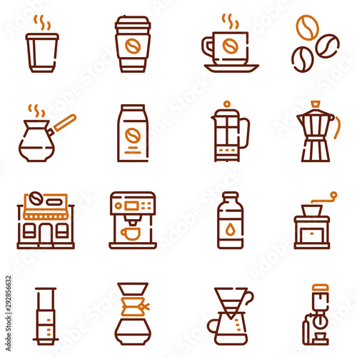 Natural coffee color linear icons set
