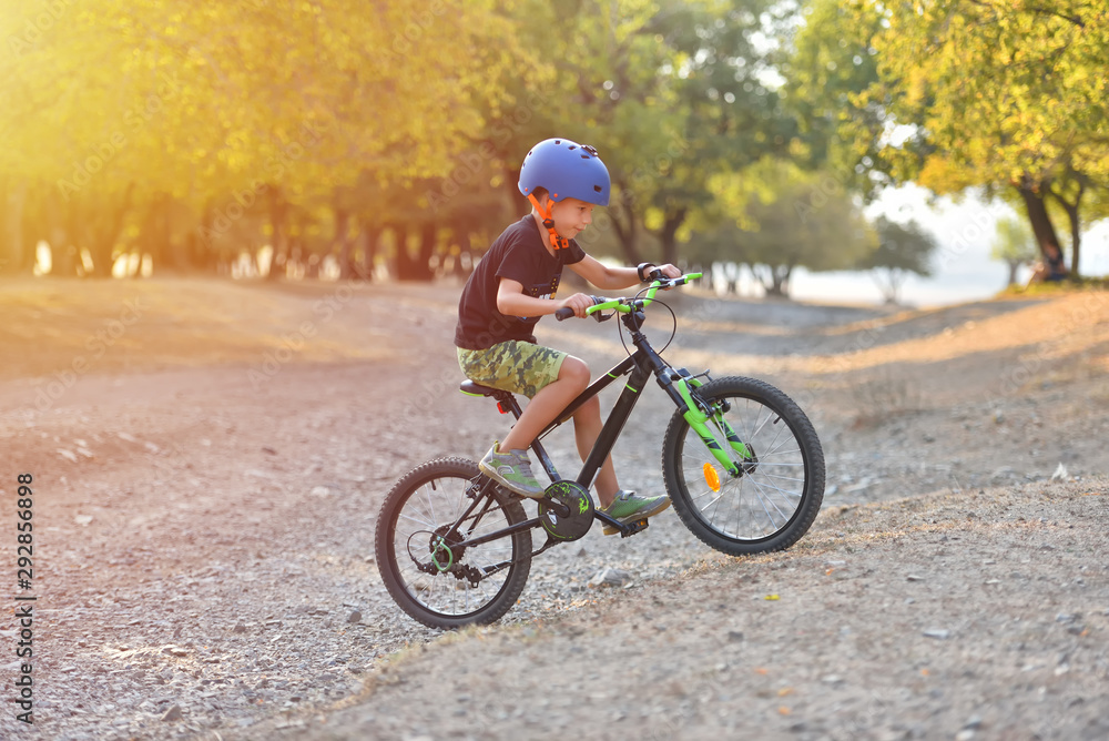 Happy kid boy of 7 years having fun in autumn park with a bicycle on beautiful fall day. Active child wearing bike helmet