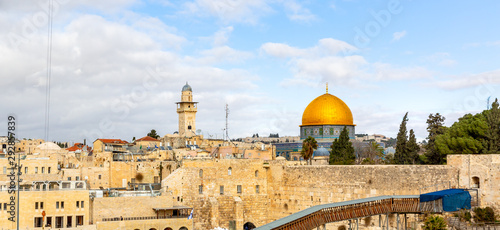 A view of the Temple Mount in Jerusalem  including the Western Wall and the golden Dome of the Rock.