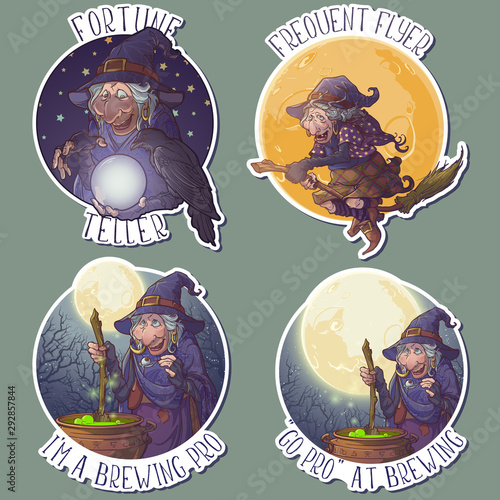 Halloween witches performing ordinary magic activities like riding a broom, brewing a potion and predicting a future. Comic style intricate hand drawing. Halloween sticker set. EPS10 vector