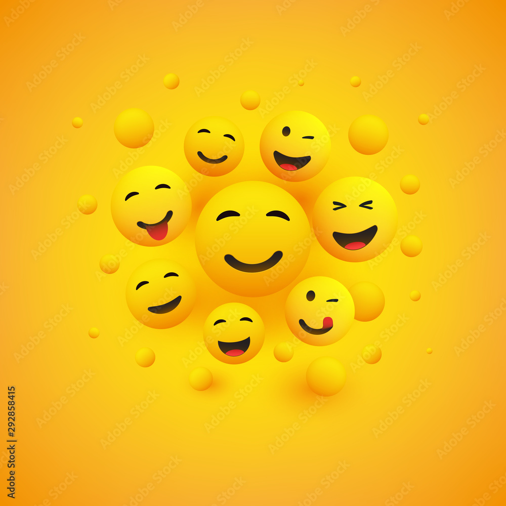 Fototapeta premium Various Smiling and Laughing Happy Emoticons in Front of a Yellow Background, Vector Concept Illustration
