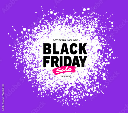 Black Friday sale banner. Purple color background. Splash white circle blots frame for sales and discounts. Template design. Drops grunge texture. Vector illustration