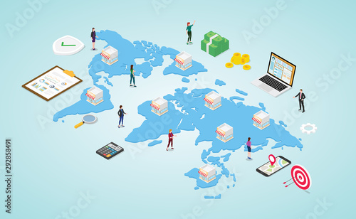 franchise business with multiple store and people with money and finance calculation with world map and isometric modern flat style - vector