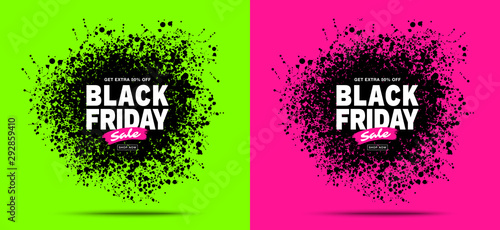Black Friday sale banners set. Trendy colors background. Splash Ink blots circle frame for sales and discounts. Template design. Drops grunge texture. Vector illustration