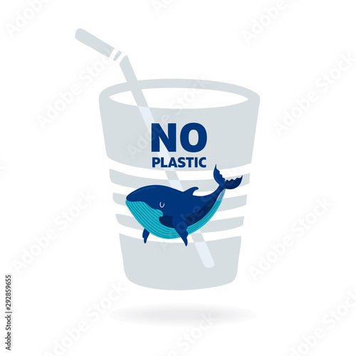 Web template Stop plastic pollution! Vector flat illustration for World Environment Day. A whale swims in in a plastic cup, with straw. Harm to nature. Poster design.