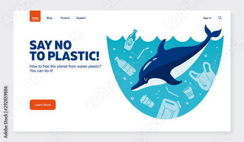 Website template No plastic! Vector flat illustration for World Environment Day. A Dolphin swims in sea with garbage - in water are plastic bag, glass, straw, bottle, canisters. Harm to nature.