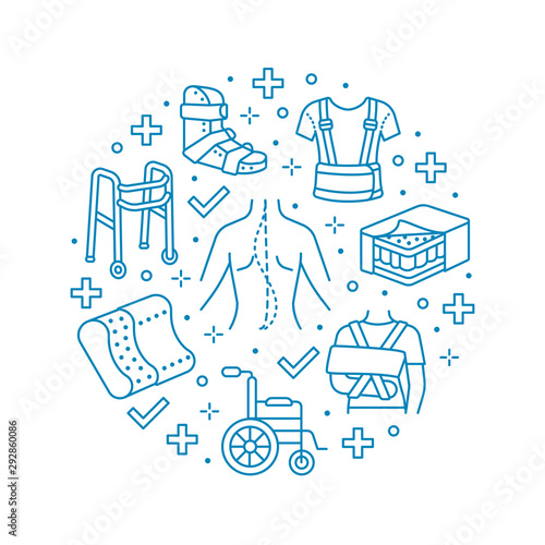 Orthopedic, trauma rehabilitation circle poster with vector line icons. Crutches, mattress pillow, walkers, ergonomic shoes, chiropractic. Health care thin linear signs for osteopath clinic, hospital