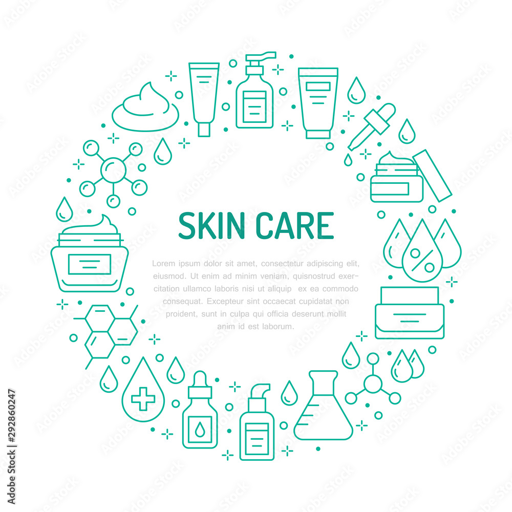 Skin care circle poster with flat line icons. Hyaluronic acid drop, serum, anti ageing compound retinol, moisturizing cream tube package, cosmetology treatment Beauty concept for dermatology brochure