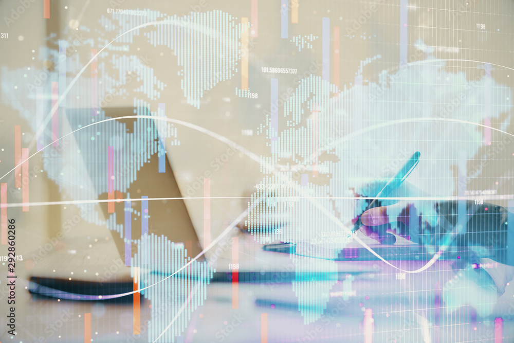 Multi exposure of businessman working on laptop on background. International business hologram in front. Concept of success. Multi exposure of businessman working on laptop on background. International business hologram in front. Concept of success.