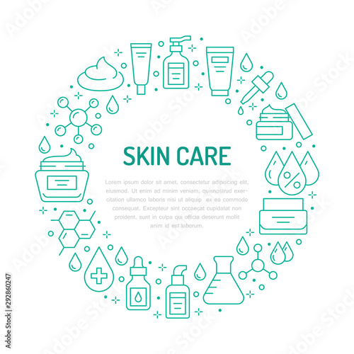 Skin care circle poster with flat line icons. Hyaluronic acid drop, serum, anti ageing compound retinol, moisturizing cream tube package, cosmetology treatment Beauty concept for dermatology brochure