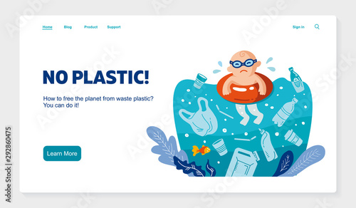 Web banner No plastic! Vector flat illustration for World Environment Day. A baby swims in sea with garbage - in water are plastic bag, glass, straw, bottle, canisters. website template
