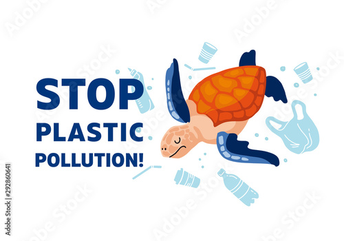 Web template Stop plastic pollution! Vector flat illustration for World Environment Day. A sea turtle swims in sea with garbage - in water are plastic bag, glass, straw, bottle, canisters. Harm to nat