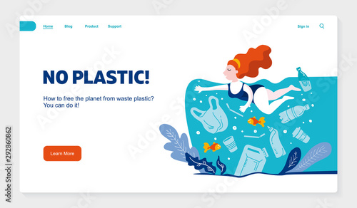 No plastic! Vector flat illustration for World Environment Day. A woman swims in sea with garbage - in water are plastic bag, glass, straw, bottle, canisters. Harm to nature. Design for banner, poster