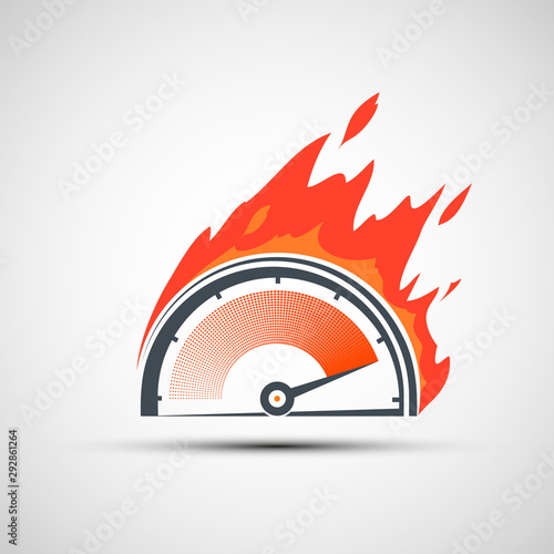 Icon speedometer on fire. Rating scale with arrow