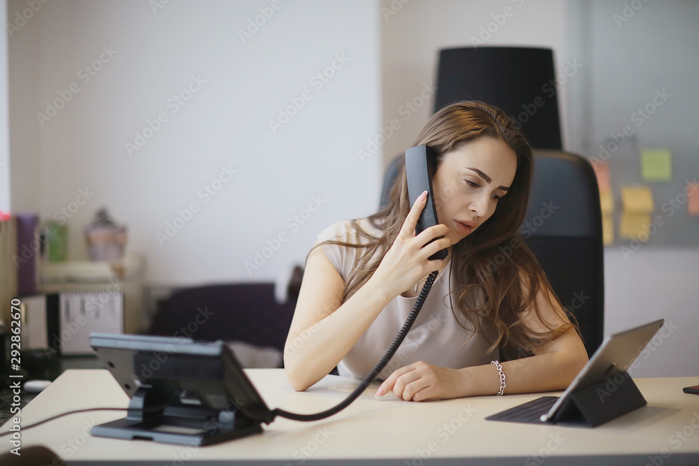 business woman office, ginseng sitting in the office at the table, work, business concept business woman office, ginseng sitting in the office at the table, work, business concept